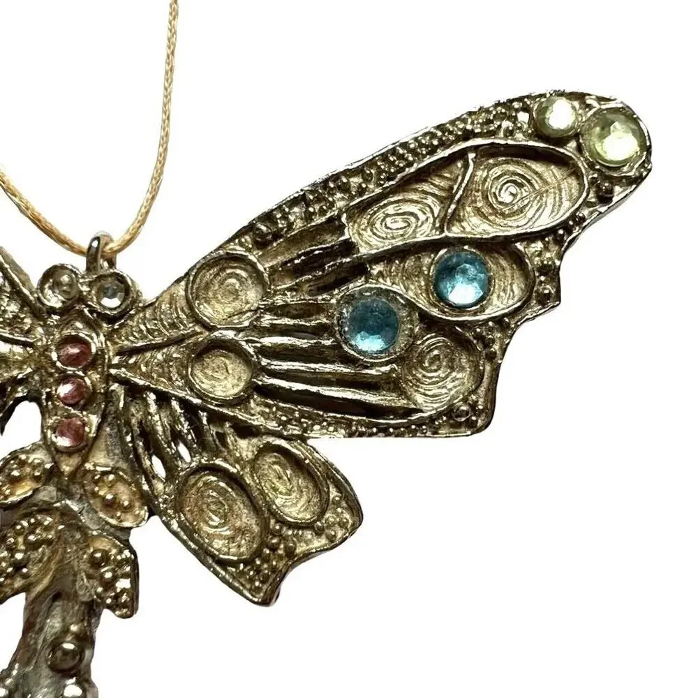 Vintage Silver Dragonfly Ornament with Filigree Work Jeweled Handmade